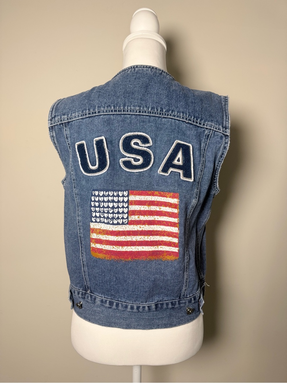 Vintage Denim Vest USA Flag Patch Sleeveless Jean Jacket Size M Americana